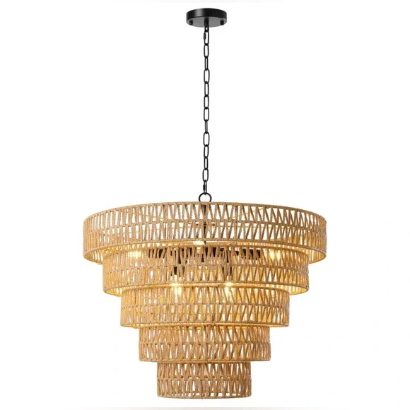 8-Light Dimmable Hand-Woven Rattan Tiered Chandelier - Picture 8 of 10